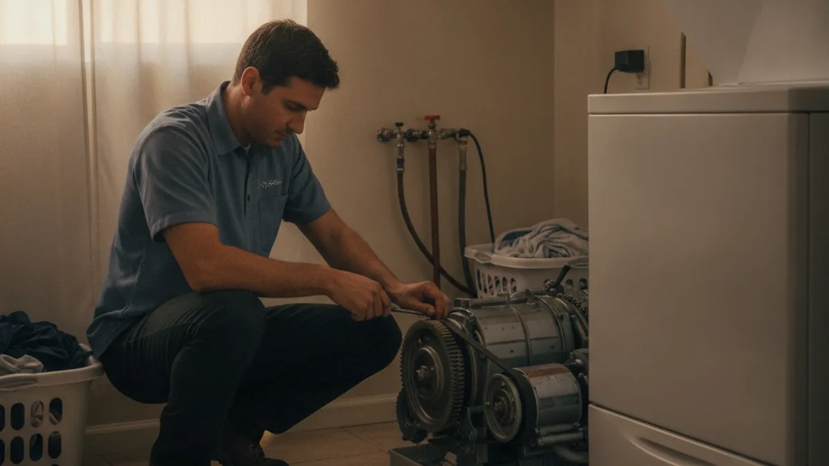 A technician working on the transmission area of a top-load Speed Queen washer in a San Diego laundry room