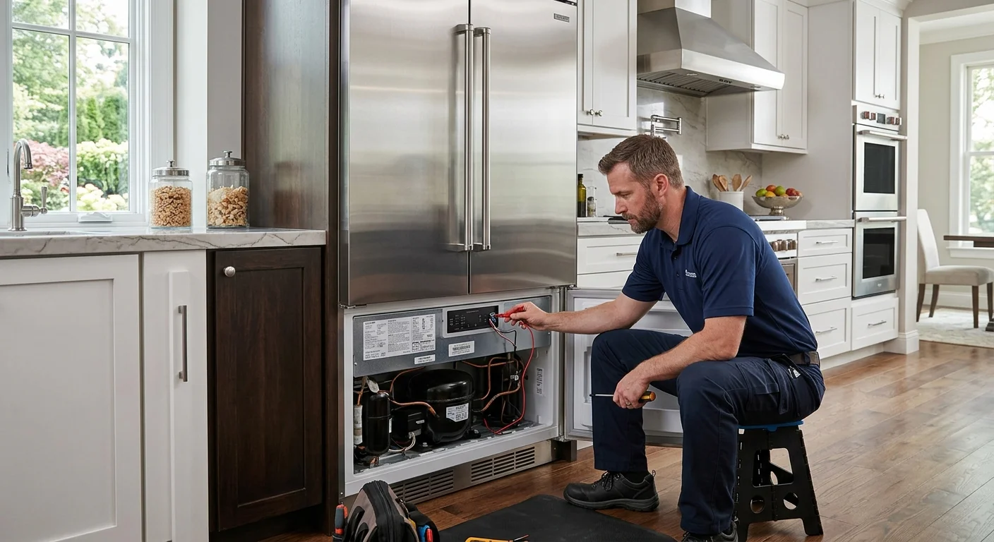 A pristine, high-end kitchen with a large, built-in Sub-Zero refrigerator. A technician in a clean uniform is carefully examining the unit.
