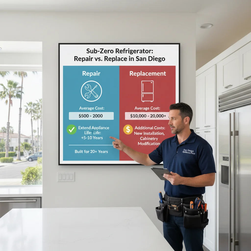 Infographic detailing common Sub-Zero refrigerator repair costs and factors in San Diego.