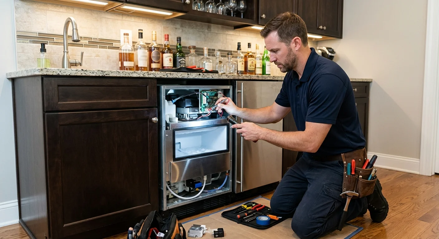 Independent technician inspecting an undercounter ice maker