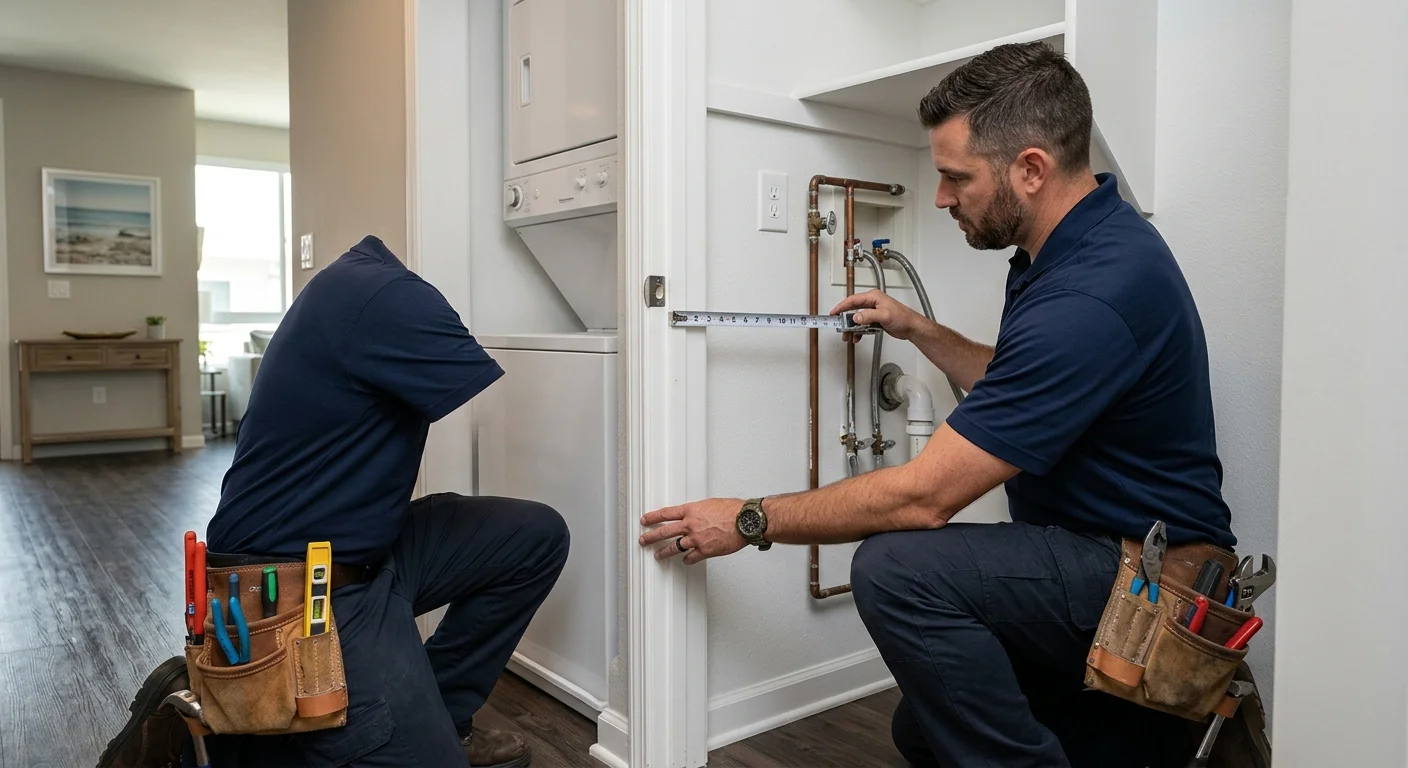 An independent installer measuring a compact laundry closet for a ventless dryer