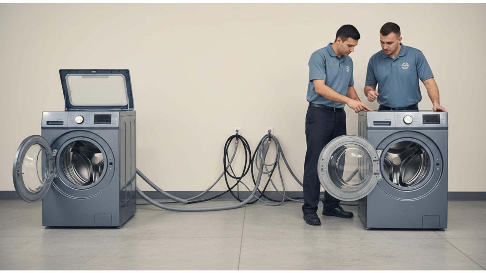 Side-by-side comparison of a top-load washer and a front-load washer with open doors in a showroom setting