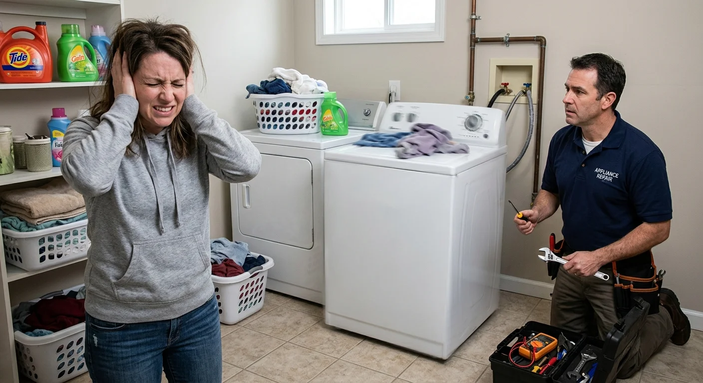 A homeowner wincing and covering their ears next to a very loud, shaking washing machine.
