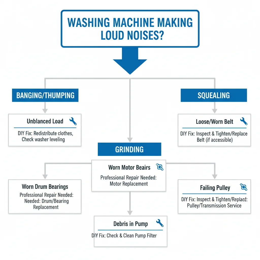 An infographic illustrating common washing machine noises, their probable causes, and whether a DIY fix or professional repair is recommended.