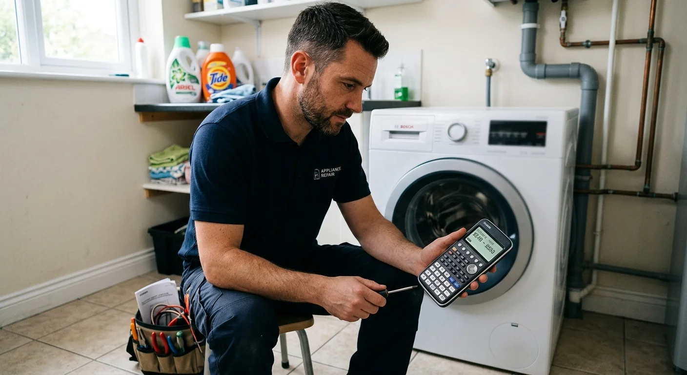 Calculator screen showing washing machine repair costs with a washer in the background.