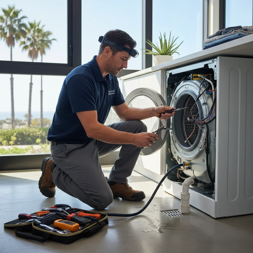 Repair tech kneeling next to an open front-load washer in a modern San Diego laundry room