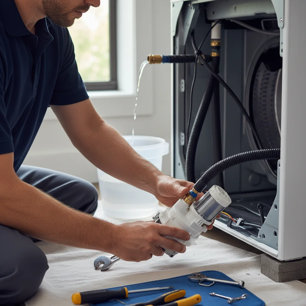 Hands replacing a drain pump on a washing machine, clean workspace, natural ligh
