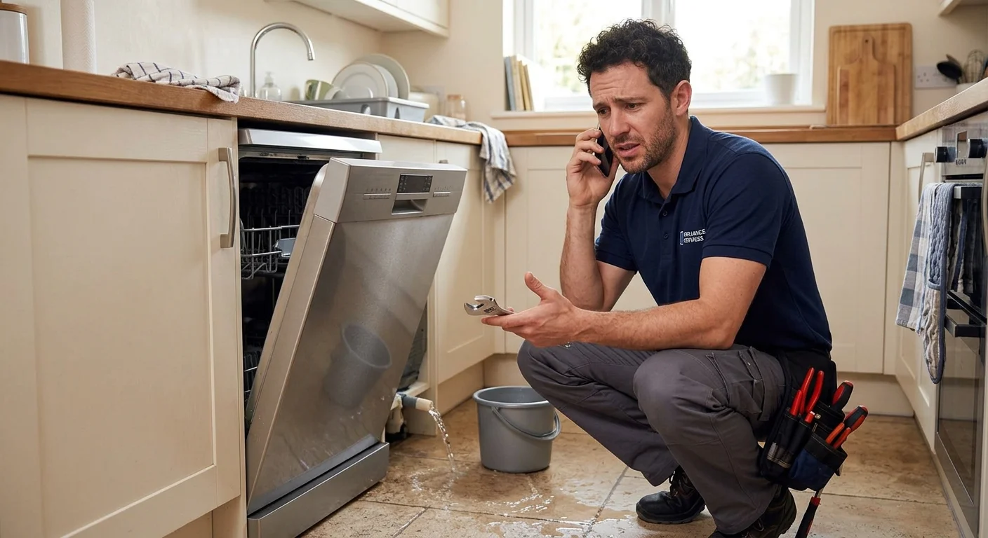 A homeowner on the phone looking stressed, with a leaking dishwasher in the back
