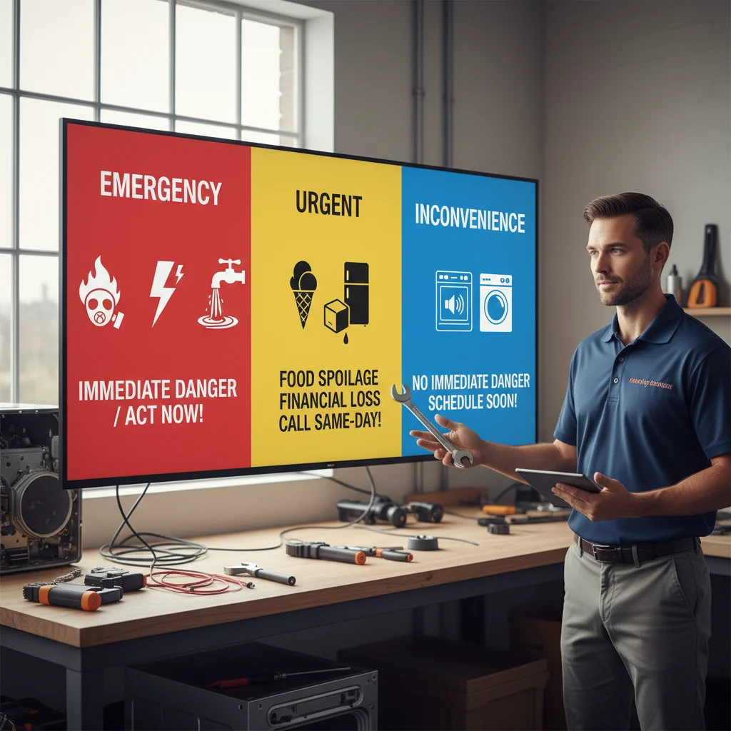 Infographic categorizing common appliance issues into emergency, urgent, or non-emergency, with typical repair timelines.