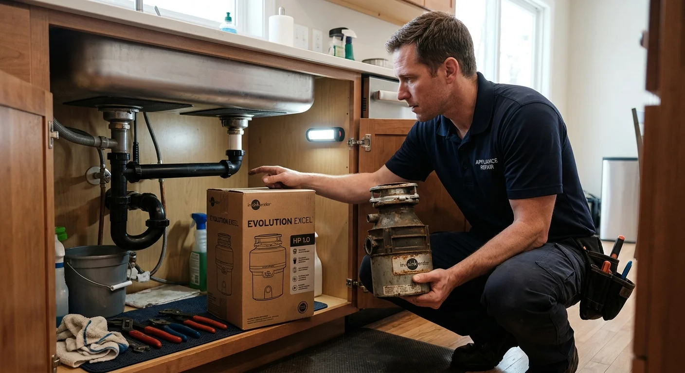 A homeowner comparing an older garbage disposal with a boxed replacement under a kitchen sink