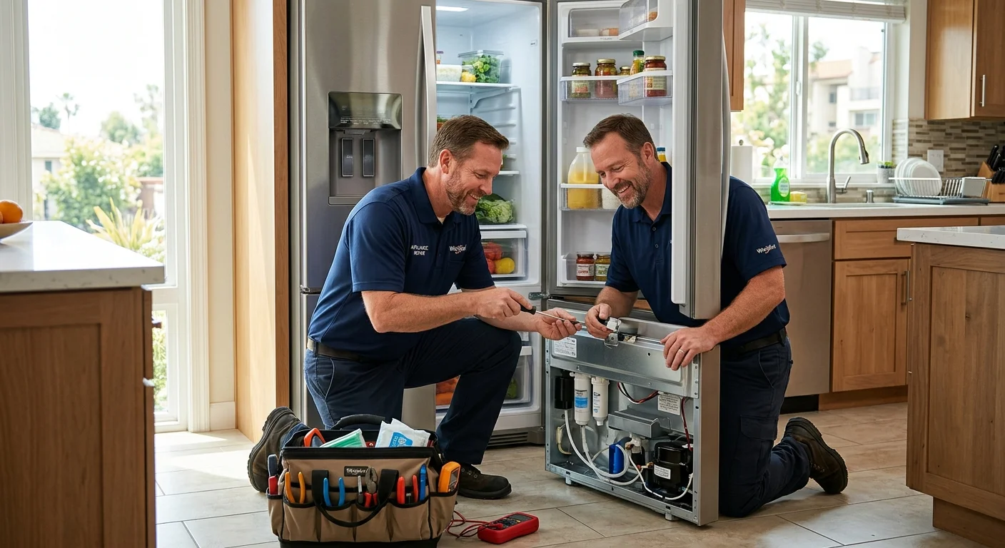 A friendly technician servicing a Whirlpool stainless steel refrigerator in a bright San Diego kitchen.