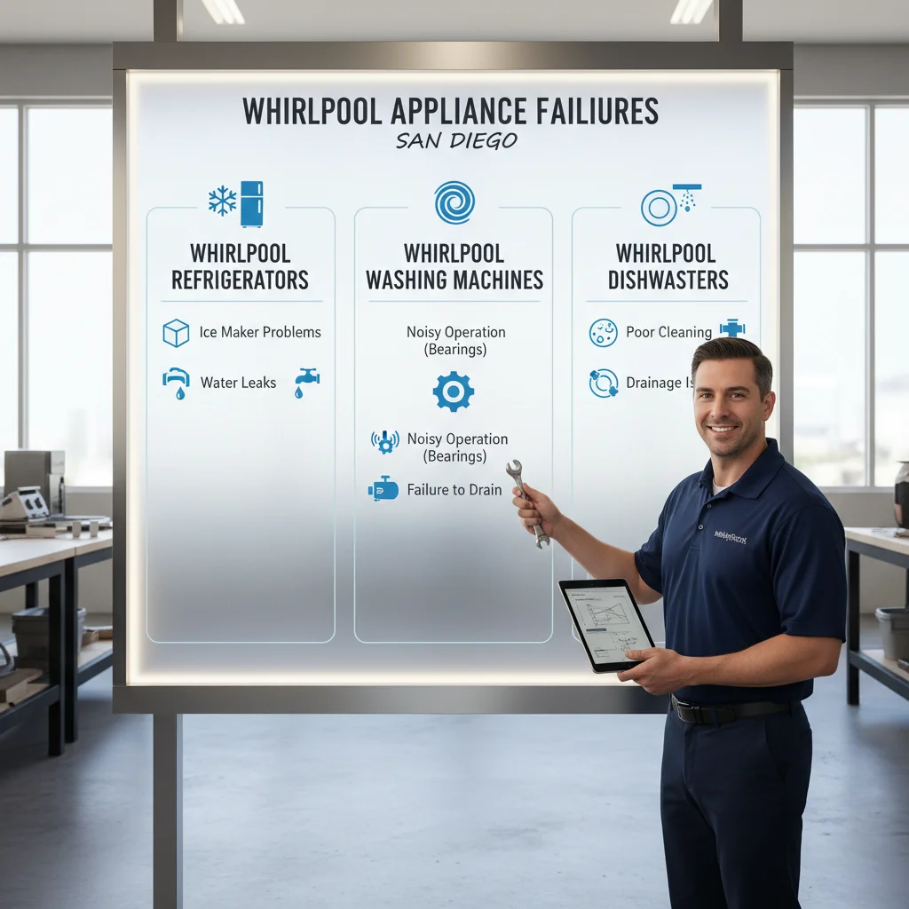 Infographic showing common Whirlpool appliance failures by appliance type: refrigerators (ice maker, water leak), washers (bearings, drain pump), and dishwashers (cleaning, draining).