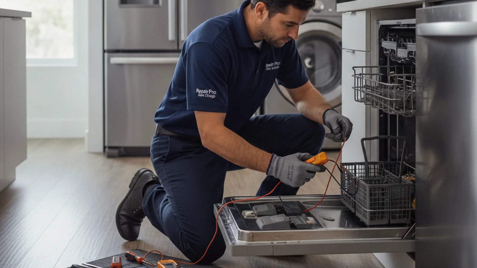A photorealistic close-up of an appliance repair technician diagnosing a Whirlpool dishwasher with an F-code showing on the control panel display, clean modern kitchen, natural light.