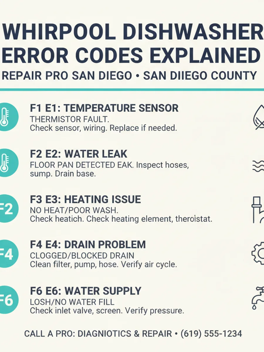 An infographic explaining common Whirlpool dishwasher error codes (F8E1, F6E1, F3E1, F9E1, F2E2), grouped by water fill, water inlet, temperature sensor, drain, and control panel faults, showing which a homeowner can fix and which need a technician.