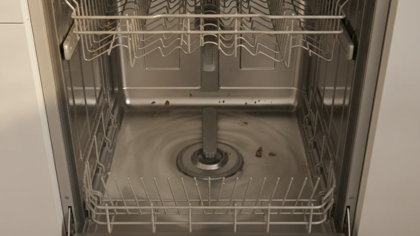 Standing water pooled at the bottom of a Whirlpool dishwasher tub in a San Diego kitchen.