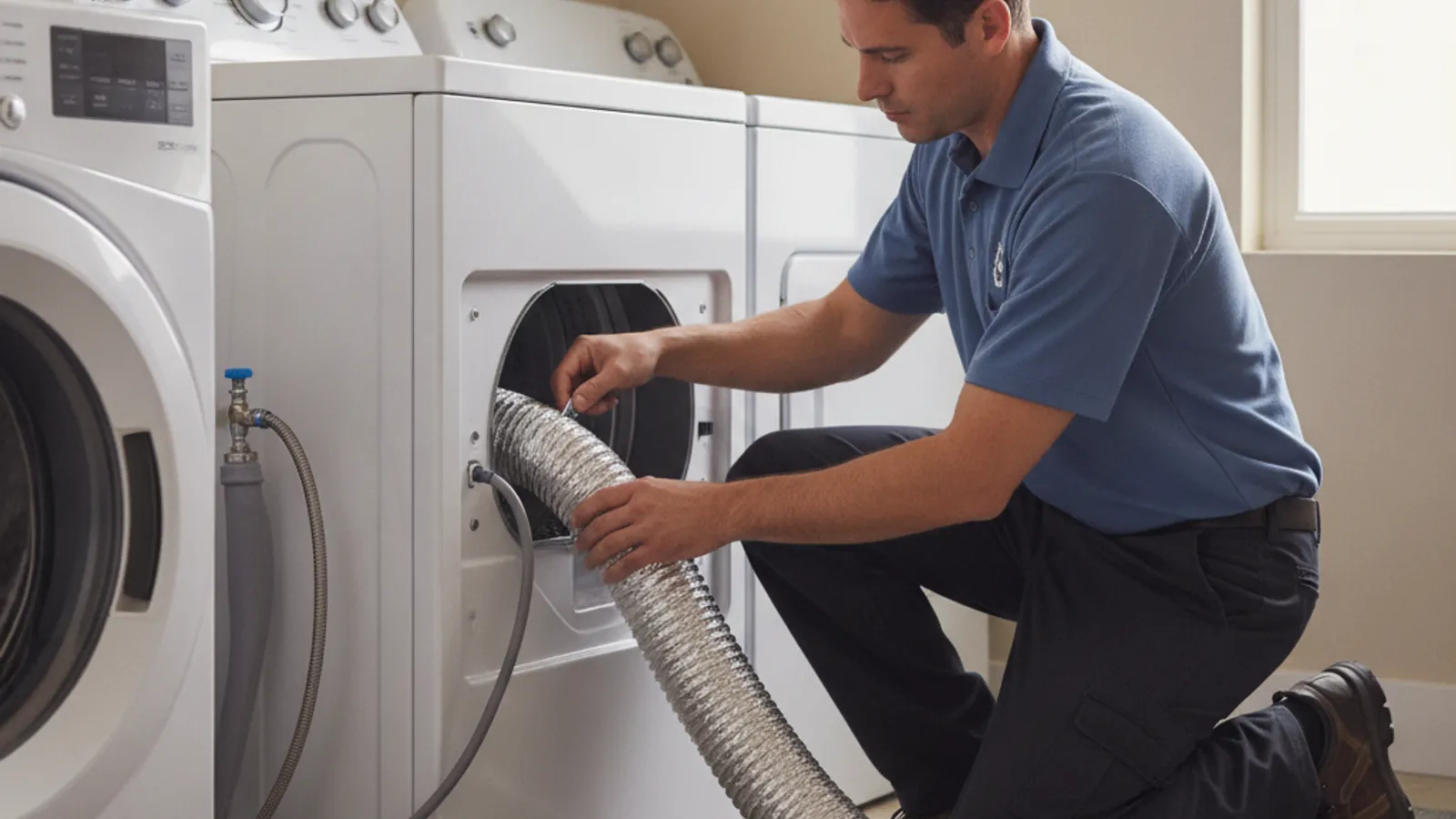 A technician checking the lint filter and exhaust vent connection behind a Whirlpool dryer.