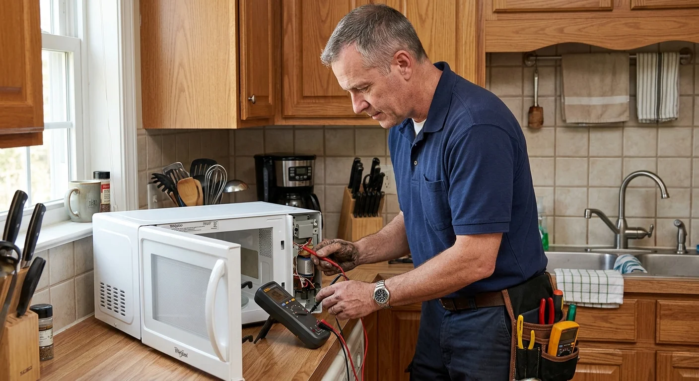 Independent technician observing a Whirlpool microwave in a residential kitchen