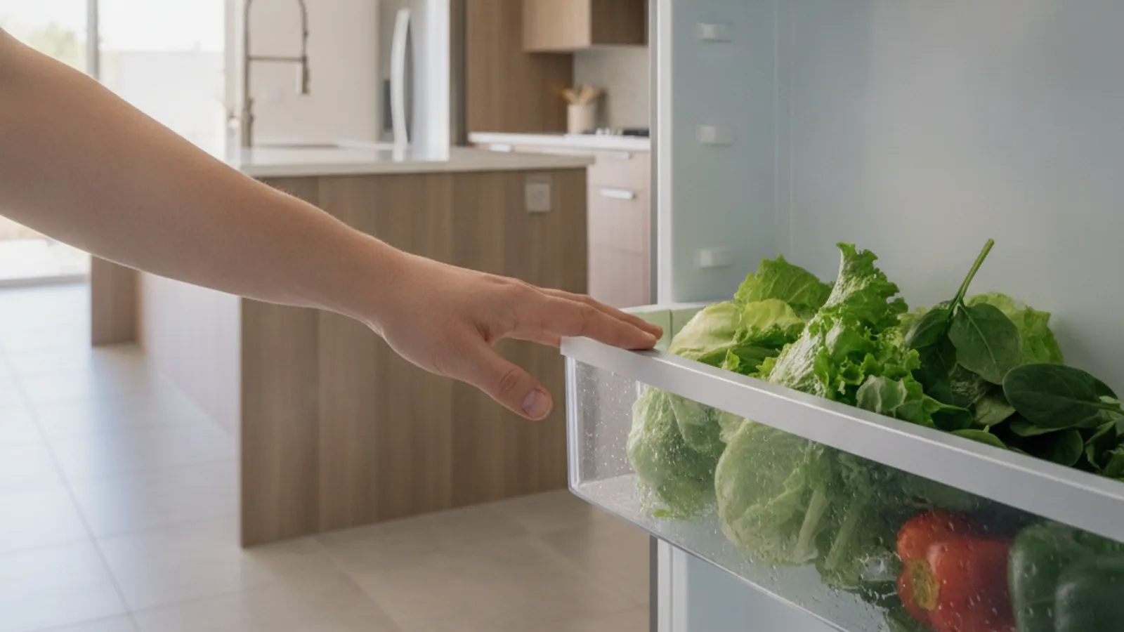 A person feeling the warm interior of a Whirlpool side-by-side refrigerator in a San Diego kitchen.