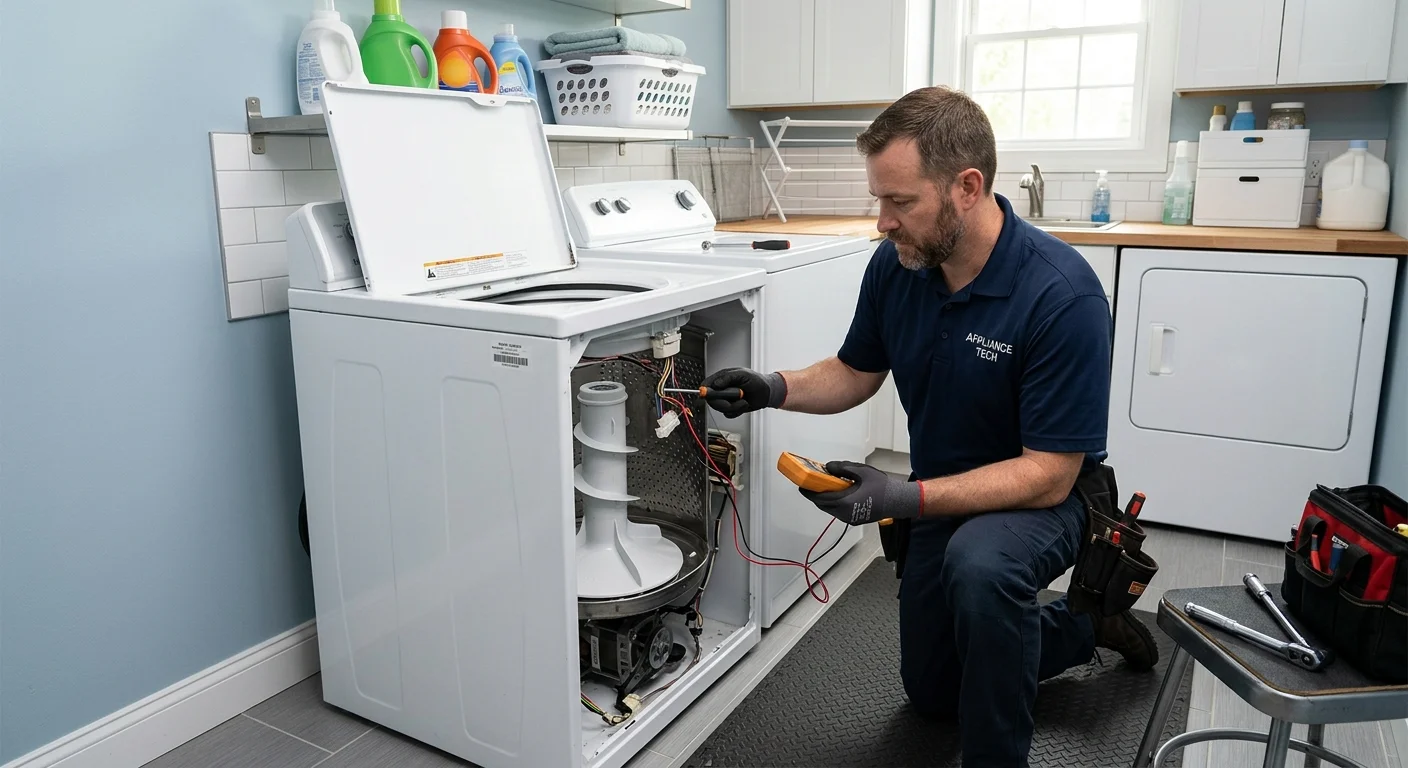An independent technician inspecting a top-load washer that will not spin