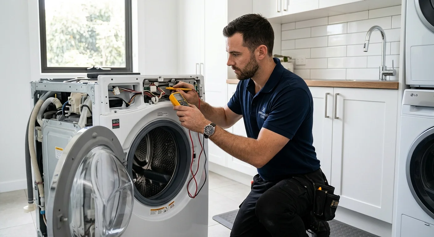 A photorealistic close-up of a home-appliance technician diagnosing the issue, clean modern kitchen or laundry room, natural light.