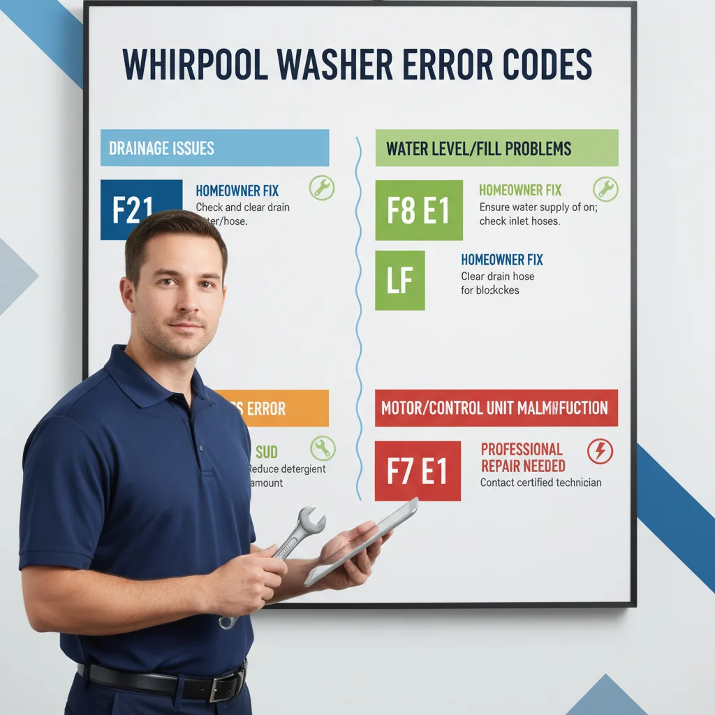 An infographic explaining common Whirlpool washer error codes, showing which ones homeowners can clear and which require professional repair, categorized by drainage, water level, and motor issues.
