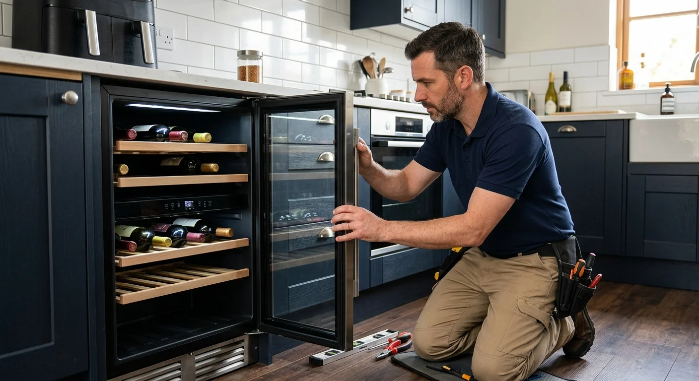 Homeowner checking the alignment of a glass wine cooler door