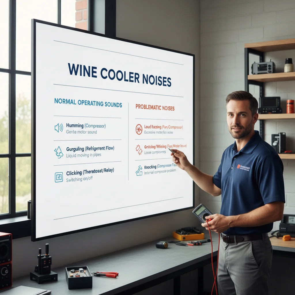 Infographic categorizing wine cooler noises into normal (hums, gurgles, clicks) and problematic (buzzing, rattling, grinding, knocking), with potential causes for each.