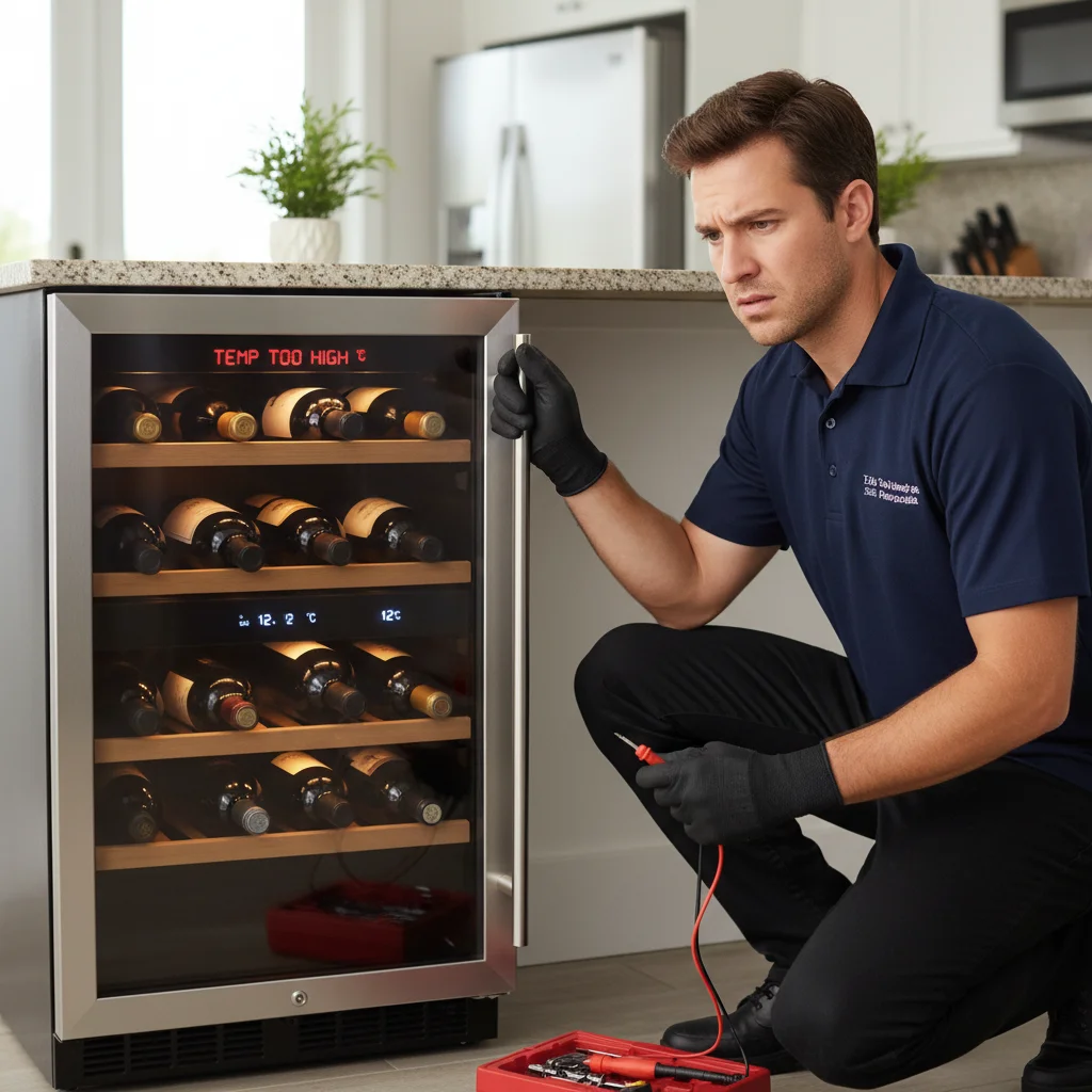 A person looking with concern at a temperature display on a freestanding wine cooler that reads too high, with wine bottles visible inside.