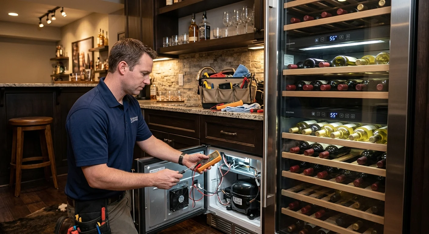 An elegant, built-in wine cooler filled with wine bottles. A technician is shown diagnosing the unit in a sophisticated home bar setting.