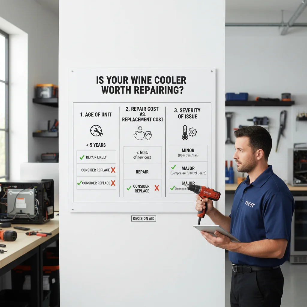 Infographic showing common wine cooler problems, their potential causes, and repair vs. replace considerations.