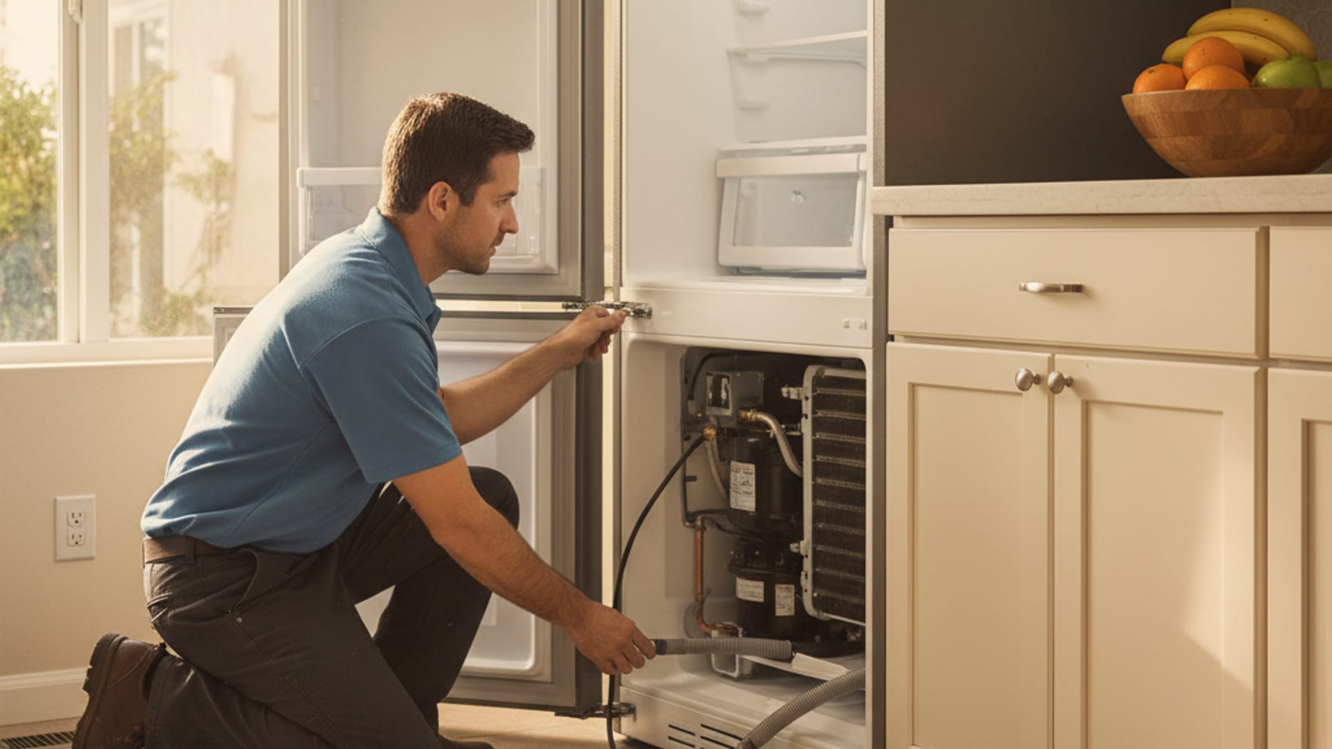 Appliance repair technician in a steel-blue polo servicing a stainless-steel refrigerator in a San Diego kitchen