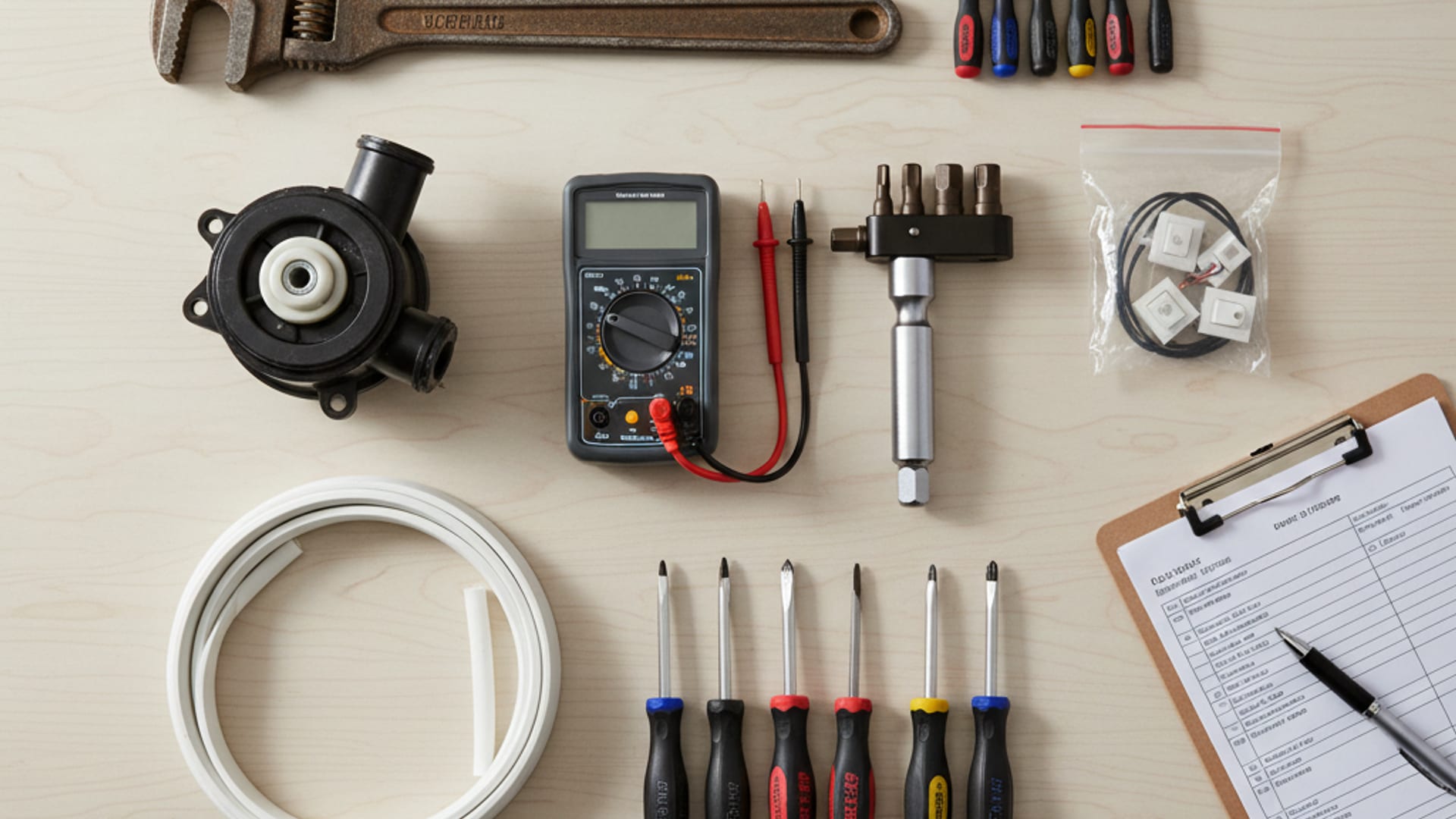 Overhead flat-lay of professional appliance repair tools — multimeter, drain pump, door gasket, and screwdrivers on a clean work surface